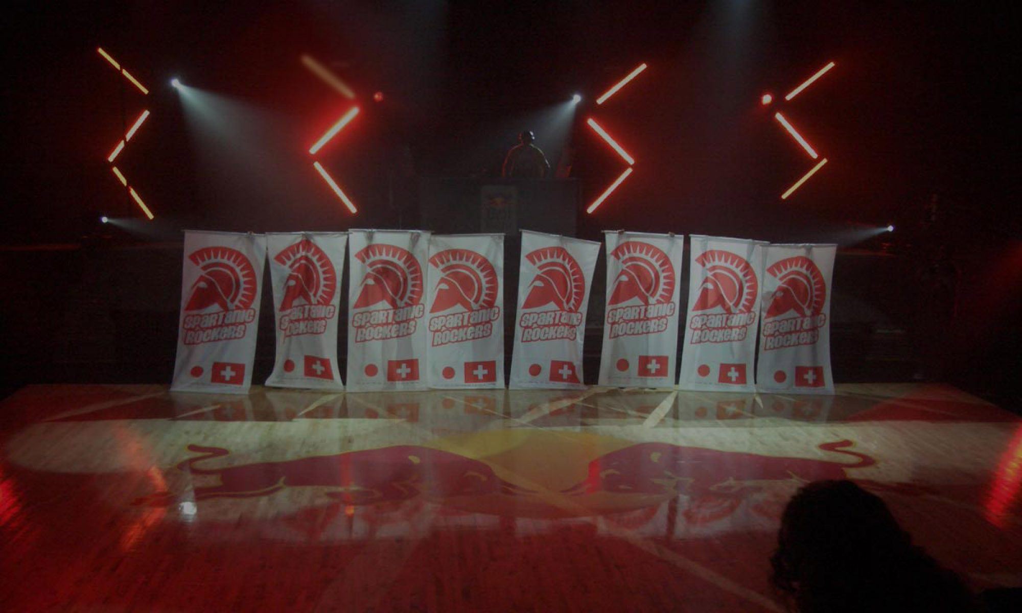 Spartanic Rockers banners lined up on stage at the Red Bull Beat Battle, London 2005